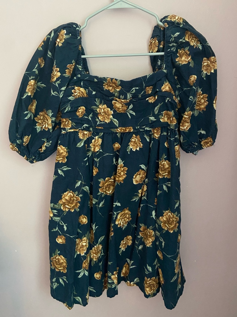 Abercrombie & Fitch Dark Teal Floral Puff Sleeve Mini Dress
